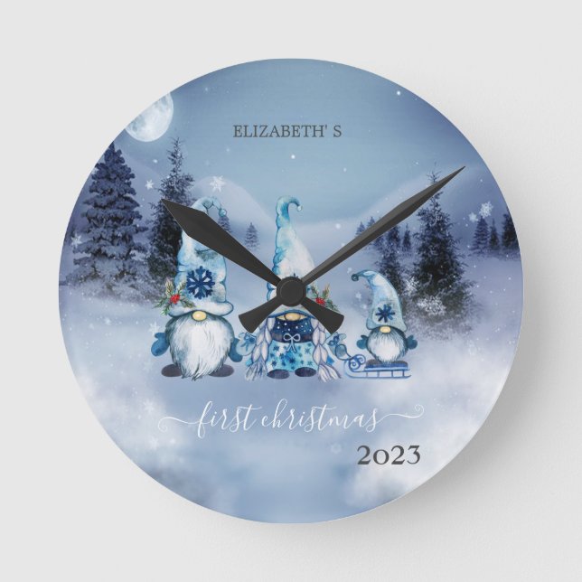 Pine Tree Fores,Blue Gnomes Holiday Round Clock (Front)