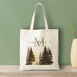 Pine Tree Forest Beige Script Name Monogram Tote Bag