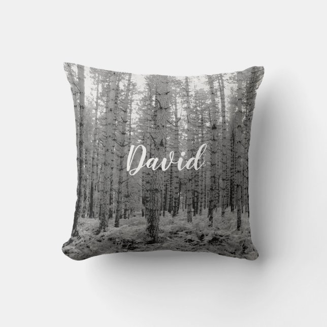 Pine Tree Forest Black and White Personalised Cushion (Front)