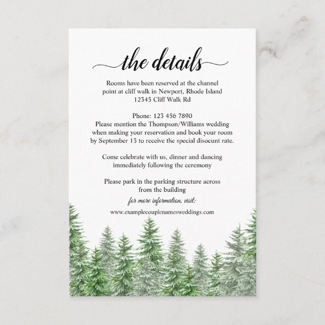 Pine Tree Forest Calligraphy Wedding Details Card (Front)