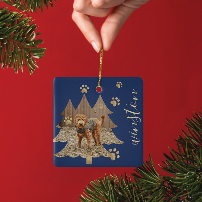 Pine Tree Forest Custom Pet Photo & Name Paw Print Ceramic Ornament (Pine Tree Forest Custom Pet Photo & Name Paw Print Ceramic Ornament)