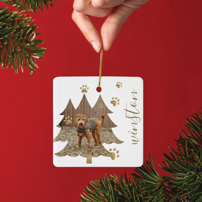 Pine Tree Forest Custom Pet Photo & Name Paw Print Ceramic Ornament (Pine Tree Forest Custom Pet Photo & Name Paw Print Ceramic Ornament)