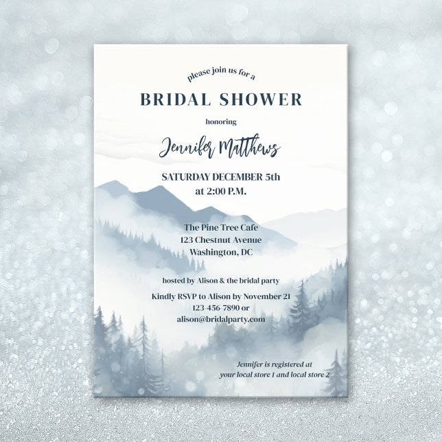 Pine Tree Forest Mountain Winter Bridal Shower  Invitation (Watercolor winter bridal shower invitation featuring a hazy mountain scene with pine forests)