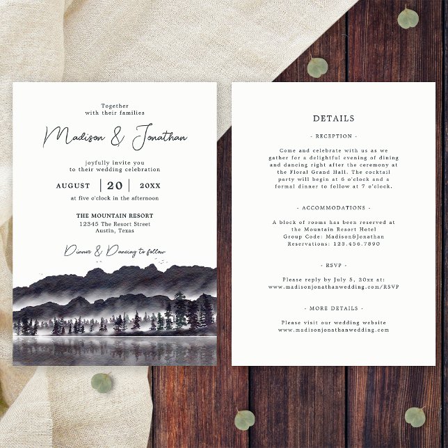 Pine Tree Forest Mountains All In One Wedding Invitation (Front/Back)