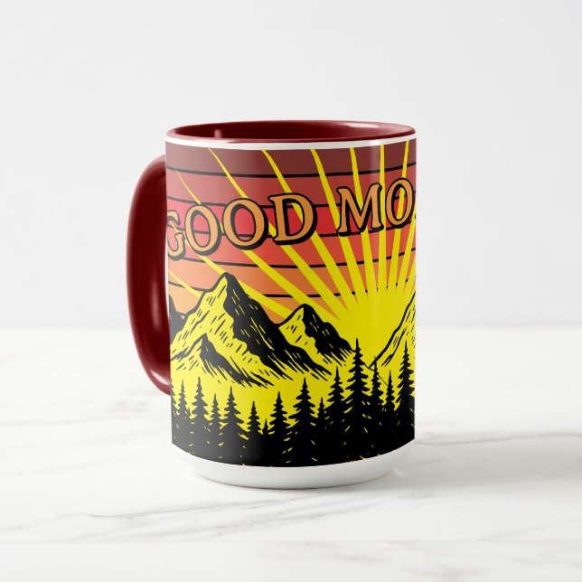 Pine Tree Forest Over Mountains & Retro Sunset Mug (Front Left)