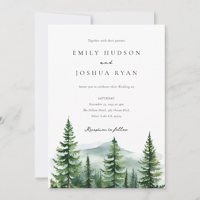 Pine Tree Forest QR Photo Wedding Invitation (Front)