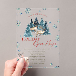 Pine Tree Forest Reindeer Holiday Open House In Acrylic Invitations