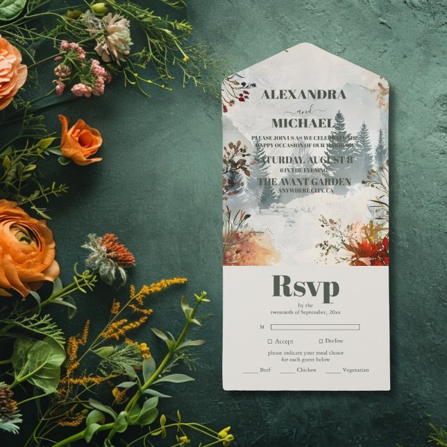 Pine Tree Forest Rustic Themed Wedding All In One Invitation (Creator Uploaded)