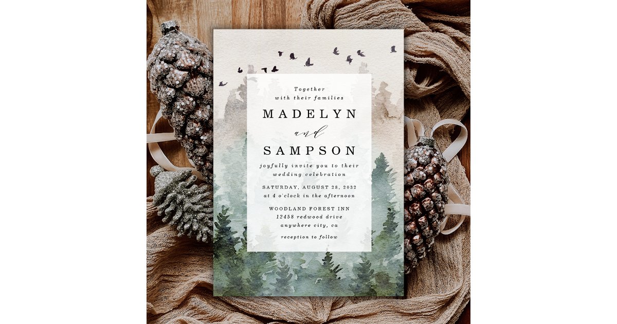Pine Tree Forest Rustic Watercolor Themed Wedding Invitation | Zazzle
