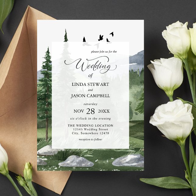 Pine Tree Forest Rustic Watercolor Themed Wedding  Invitation (Creator Uploaded)