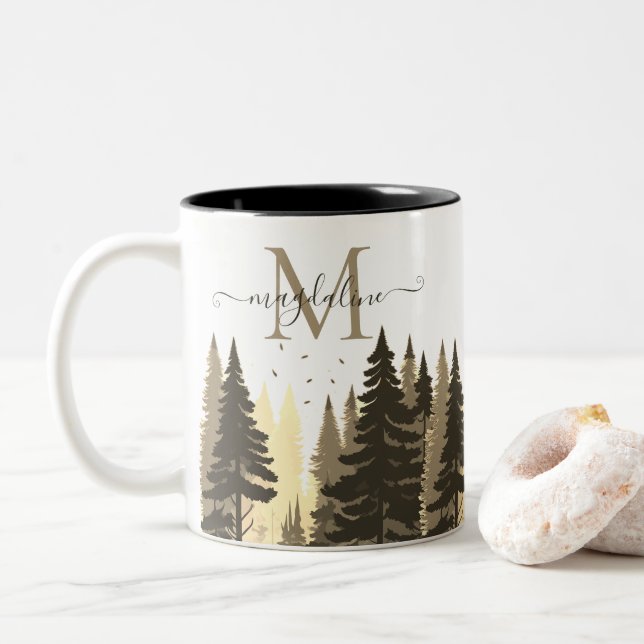  Pine Tree Forest Script Name Monogram Two-Tone Coffee Mug (With Donut)