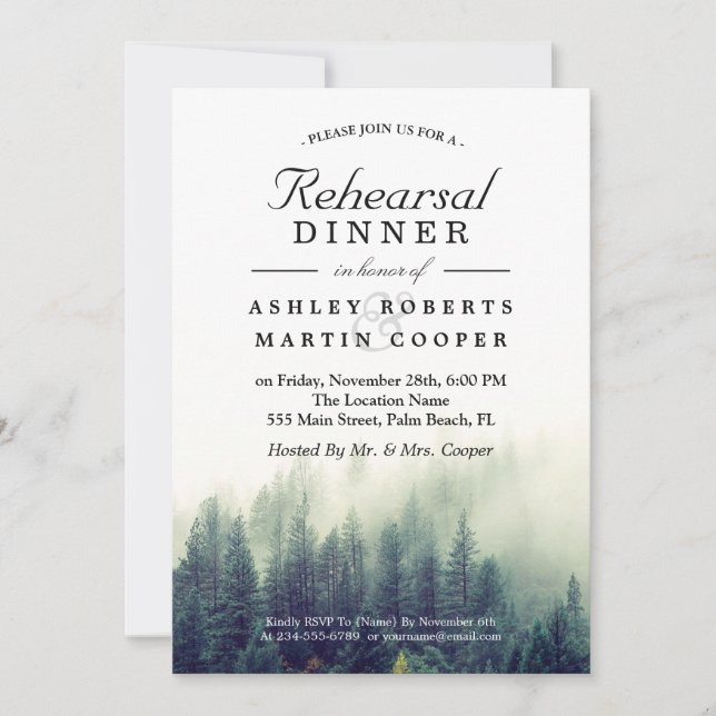 Pine Tree Forest Winter Wedding Rehearsal Dinner Invitation (Front)