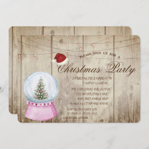 Pine Tree,Globe,String Lights,Wood Texture  Invitation