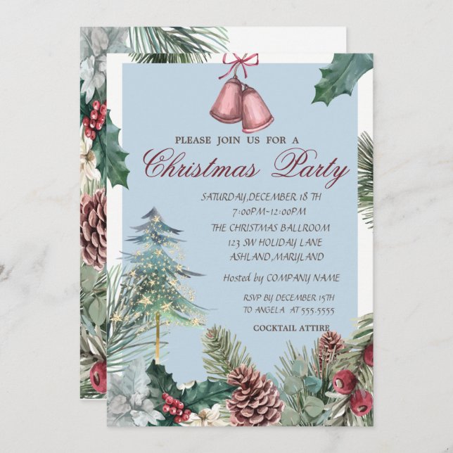 Pine Tree Gold Stars Pine Cones Christmas Party Invitation (Front/Back)