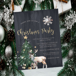 Pine Tree,Gold Stars Reindeer,Snowflake Christmas  Invitation