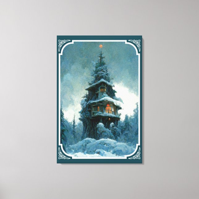 Pine Tree House In Winter | Christmas Tree Canvas Print (Front)