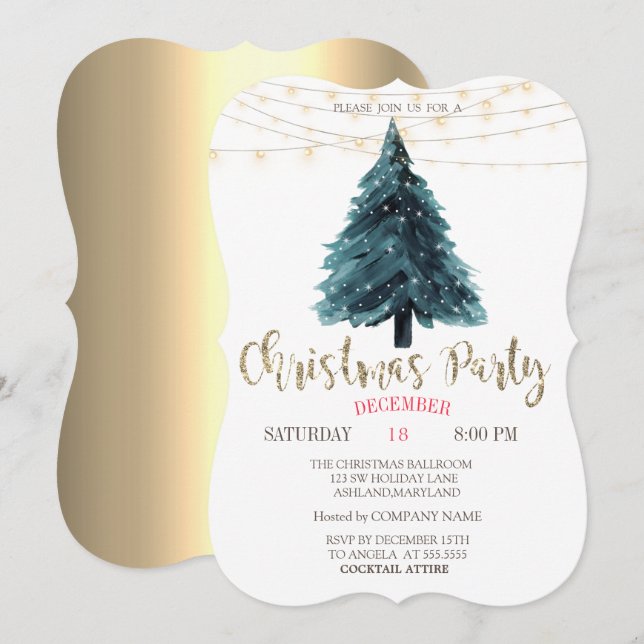 Pine Tree,Lights Gold Christmas Company Party Invitation (Front/Back)