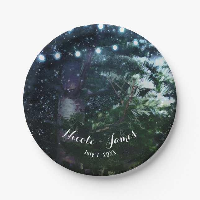 Pine Tree & Lights Winter Night Forest Wedding Paper Plate (Front)