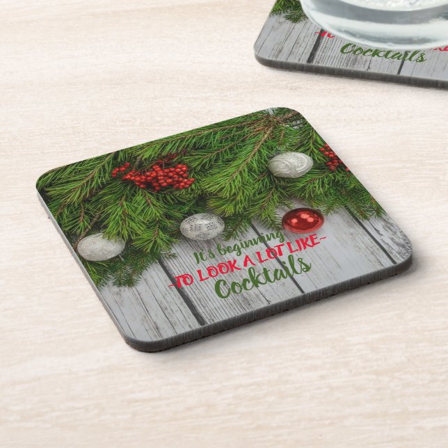 Pine Tree Limb Bulbs Berries Coaster (Left Side)