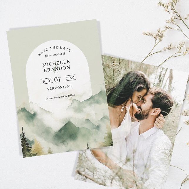 Pine Tree Mountain Nature Adventure Photo Save The Date (boho mountain woodland wedding)