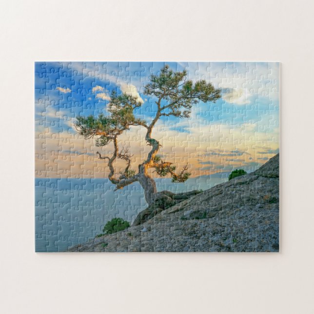 Pine Tree On Rocks Nature Landscape Ocean Sunset Jigsaw Puzzle (Horizontal)