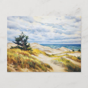 Pine tree on sanddune on baltic sea. oil painting postcard