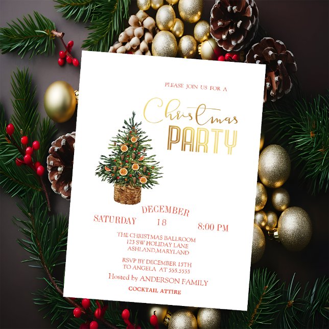 Pine Tree Orange Christmas  Party Invitation (Creator Uploaded)
