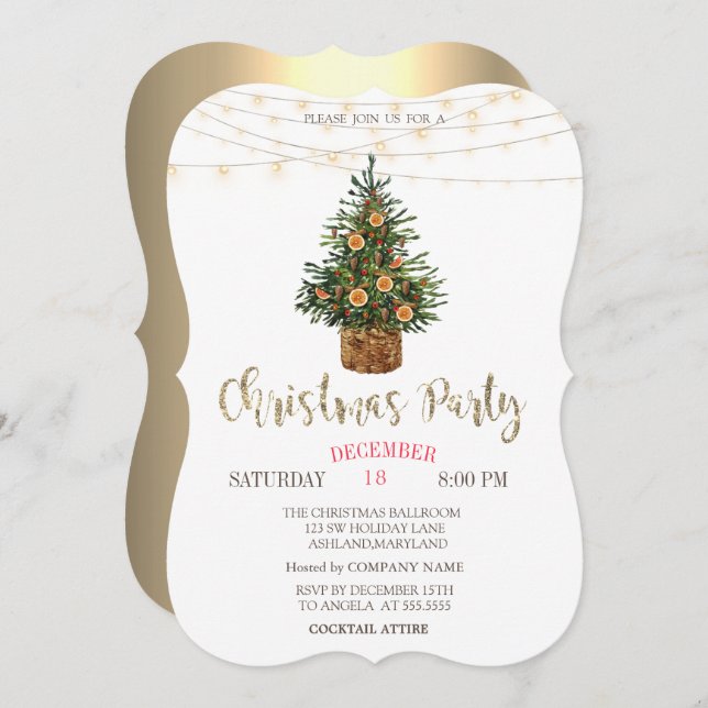 Pine Tree,Orange,Lights Gold Christmas Party Invitation (Front/Back)
