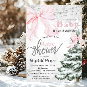 Pine Tree Pink Bow Snowflakes Baby Shower Invitation