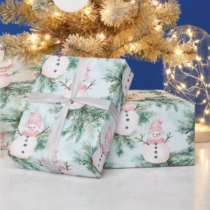 Pine Tree Pink White Snowman Girl Wrapping Paper