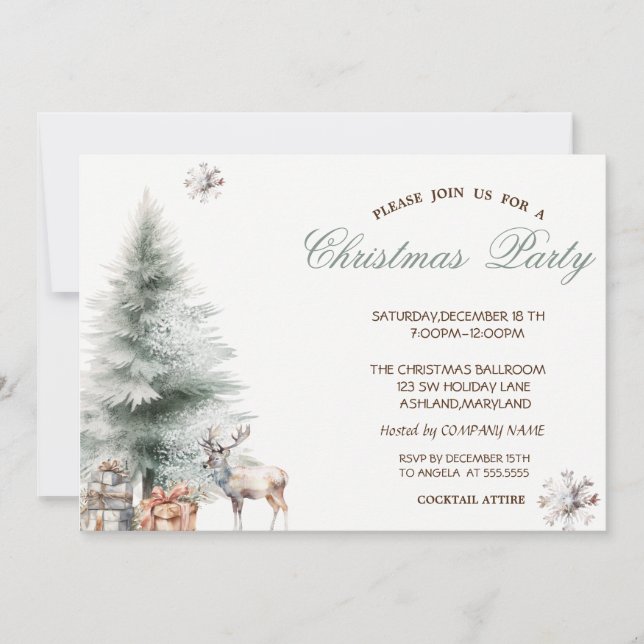 Pine Tree Presents Reindeer Christmas Party Invitation (Front)