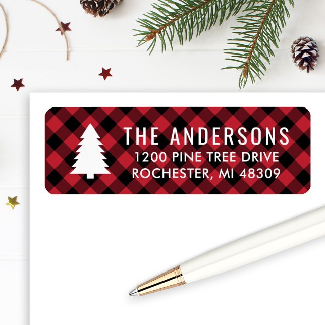 Pine Tree Red Buffalo Plaid Holiday Return Address Label (Creator Uploaded)