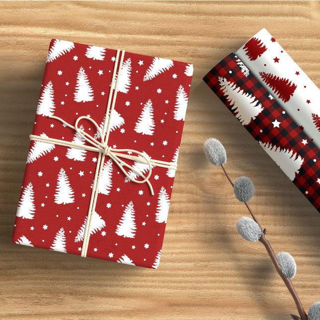Pine Tree Red Buffalo Plaid Holiday Wrapping Paper Sheet (Creator Uploaded)