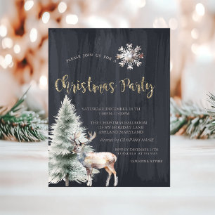 Pine Tree,Reindeer,Snowflake Black Christmas  Invitation
