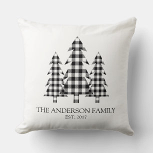 Pine Tree Rustic Buffalo Plaid Black White Cushion