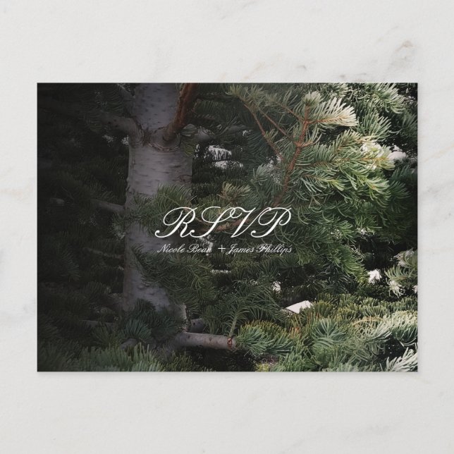 Pine Tree Rustic Forest Woods Wedding RSVP Invitation Postcard (Front)