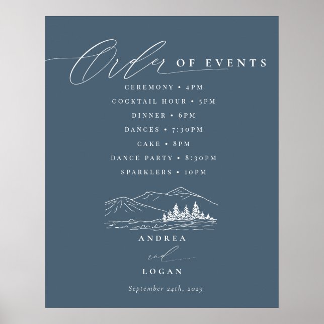 Pine Tree Rustic Mountains Wedding Order of Events Poster (Front)