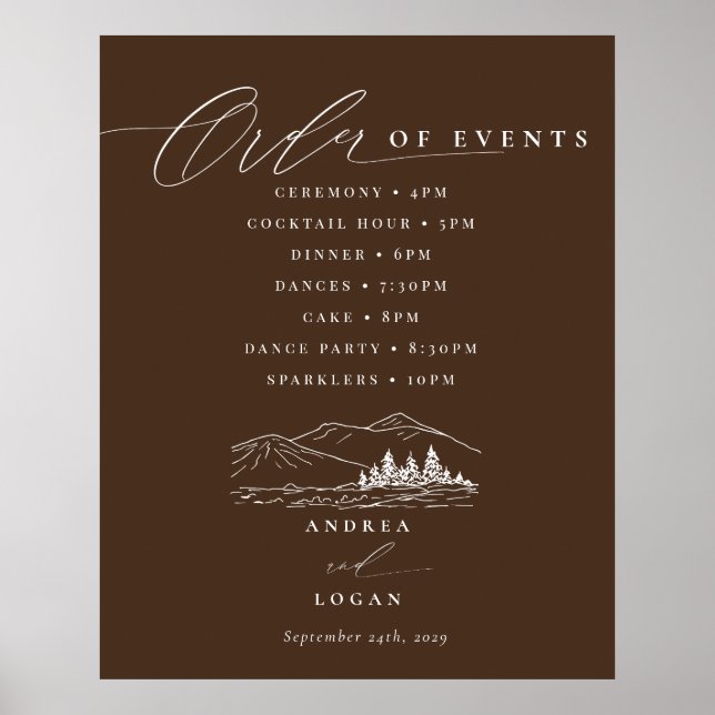 Pine Tree Rustic Mountains Wedding Order of Events Poster (Front)