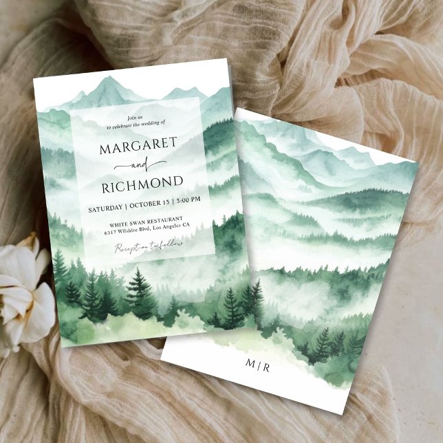 Pine Tree Rustic Watercolor Mountain Wedding Invitation (Creator Uploaded)