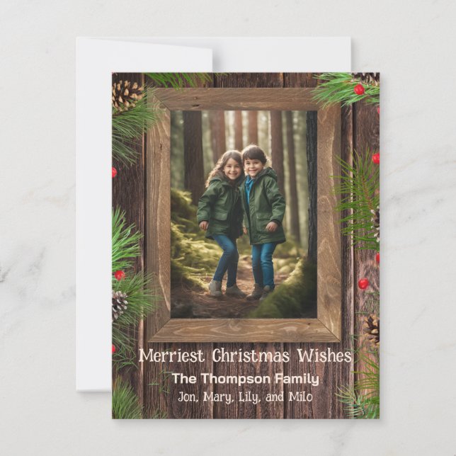 Pine Tree Rustic Wood Custom Photo Holiday Card (Front)