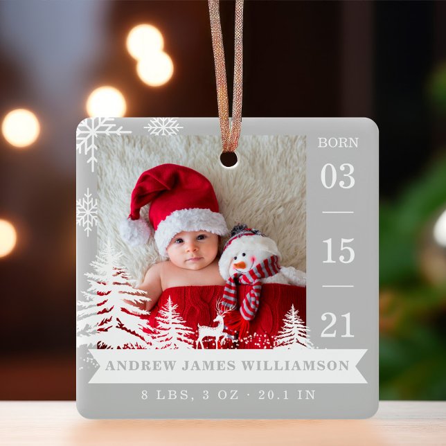  Pine Tree & Snow Baby Birth Stats & Photos Grey Ceramic Ornament (Pine Tree & Snow Baby Birth Stats & Photos Grey Ceramic Ornament)