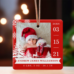Pine Tree & Snow Baby Birth Stats & Photos Red Ceramic Ornament