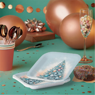 Pine Tree Snowflakes Blue Orange Coral Ornaments Paper Plate