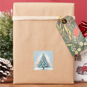 Pine Tree Snowflakes Blue Orange Coral Ornaments Square Sticker