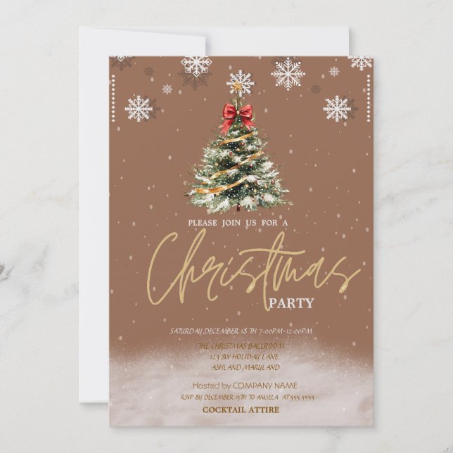 Pine Tree Snowflakes Brown Company Christmas Invitation (Front)
