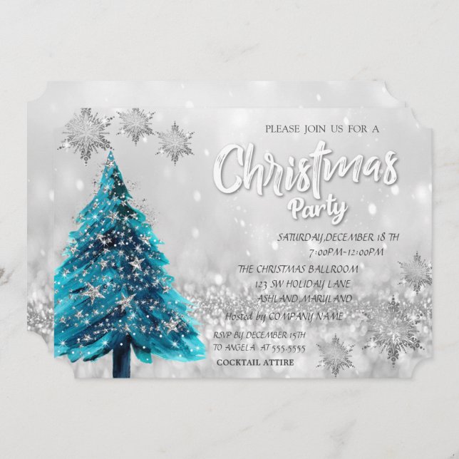 Pine Tree Stars Bokeh Corporate Christmas Party Invitation (Front/Back)