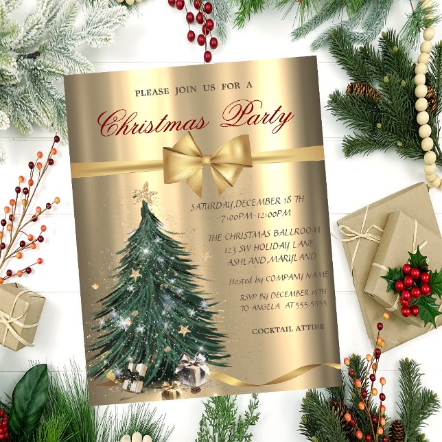 Pine Tree Stars Bow Christmas Party  Invitation (Creator Uploaded)