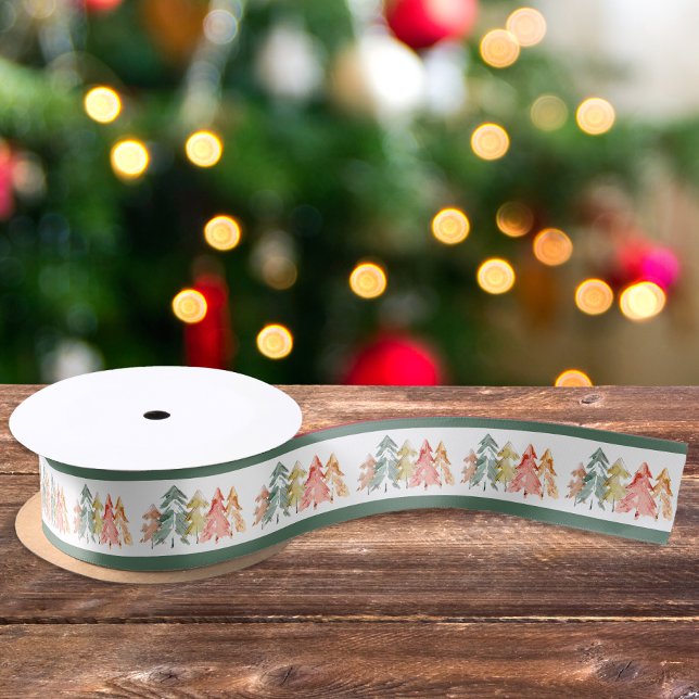 Pine Tree Watercolor Christmas Holiday Sage Green Satin Ribbon (Creator Uploaded)