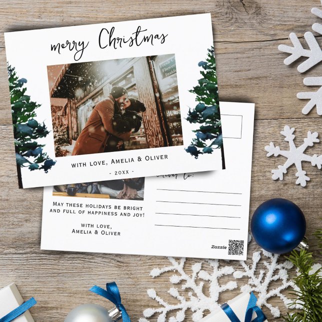 Pine Tree Watercolor Merry Christmas Script Photo Holiday Postcard (Creator Uploaded)