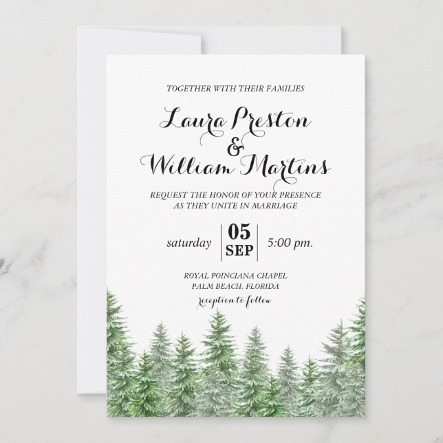 Pine Tree Watercolor Wedding Invitation (Front)